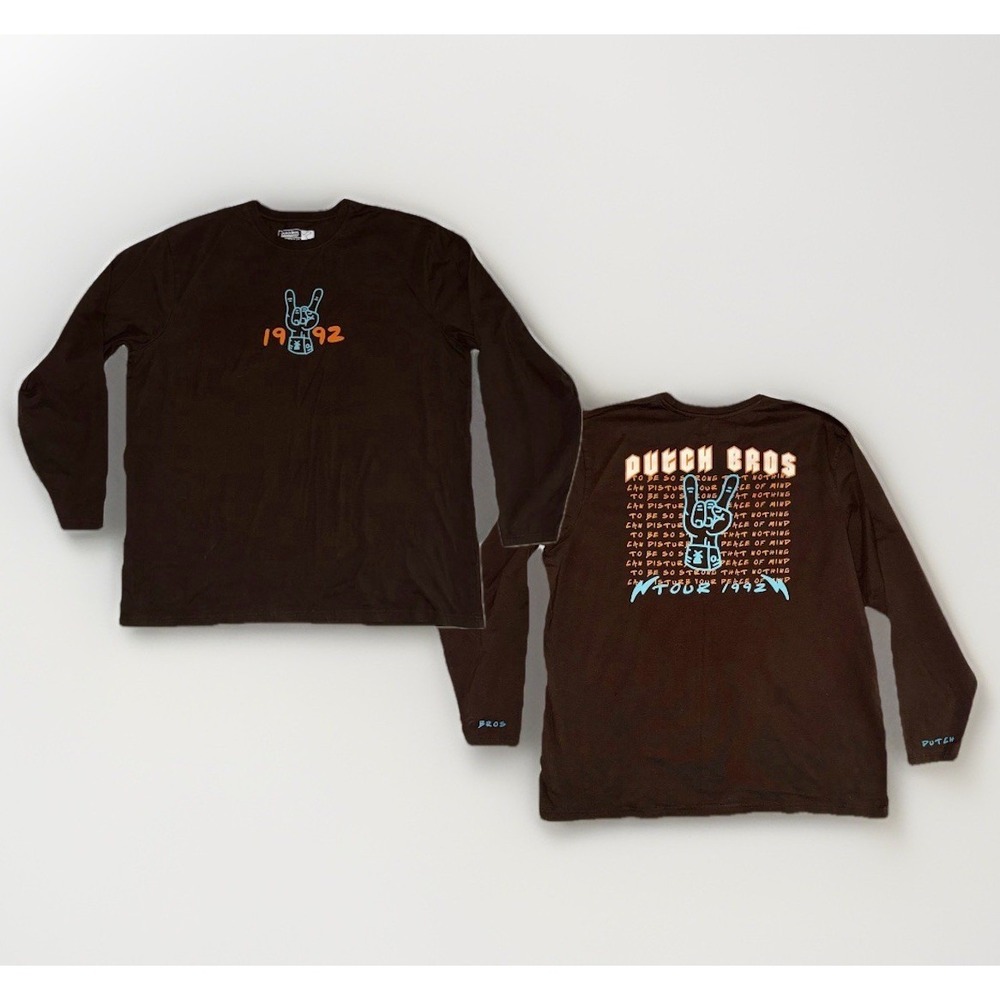 Dutch Bros Tour 1992 Rock Hand Brown Double Sided Long Sleeve T-Shirt 2XL Cotton